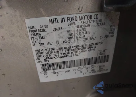 2008 Ford Edge Se from USA, damaged, VIN 2FMDK36C88BB31357
